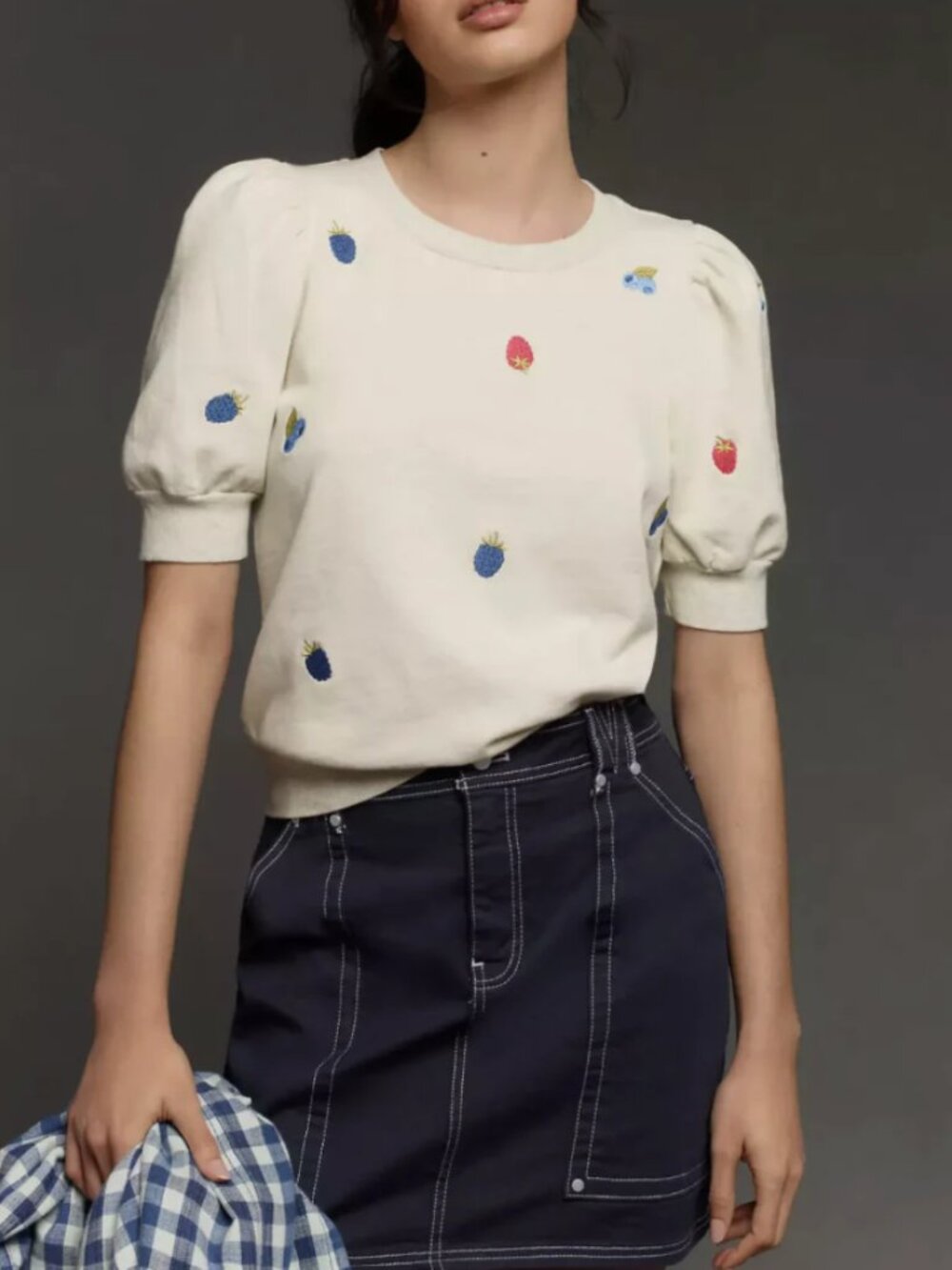 Anthropologie T.La Embroidered Berries Puff Short Sleeve Sweatshirt Top